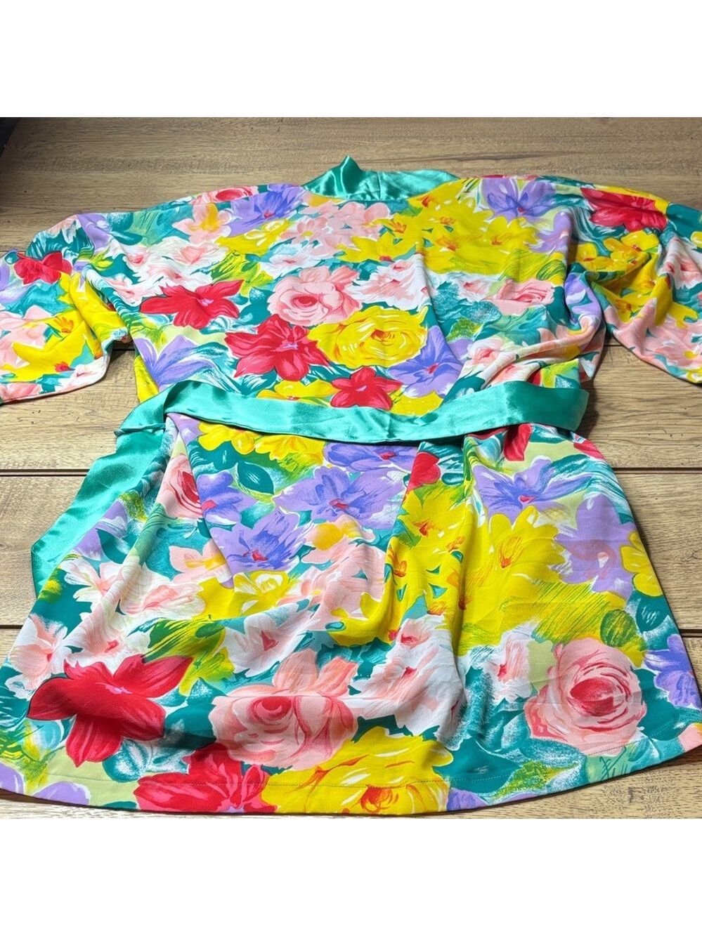 Vintage Victoria’s Secret Floral Kimono Robe with Teal Accents One Size Fits All - Picture 5 of 8